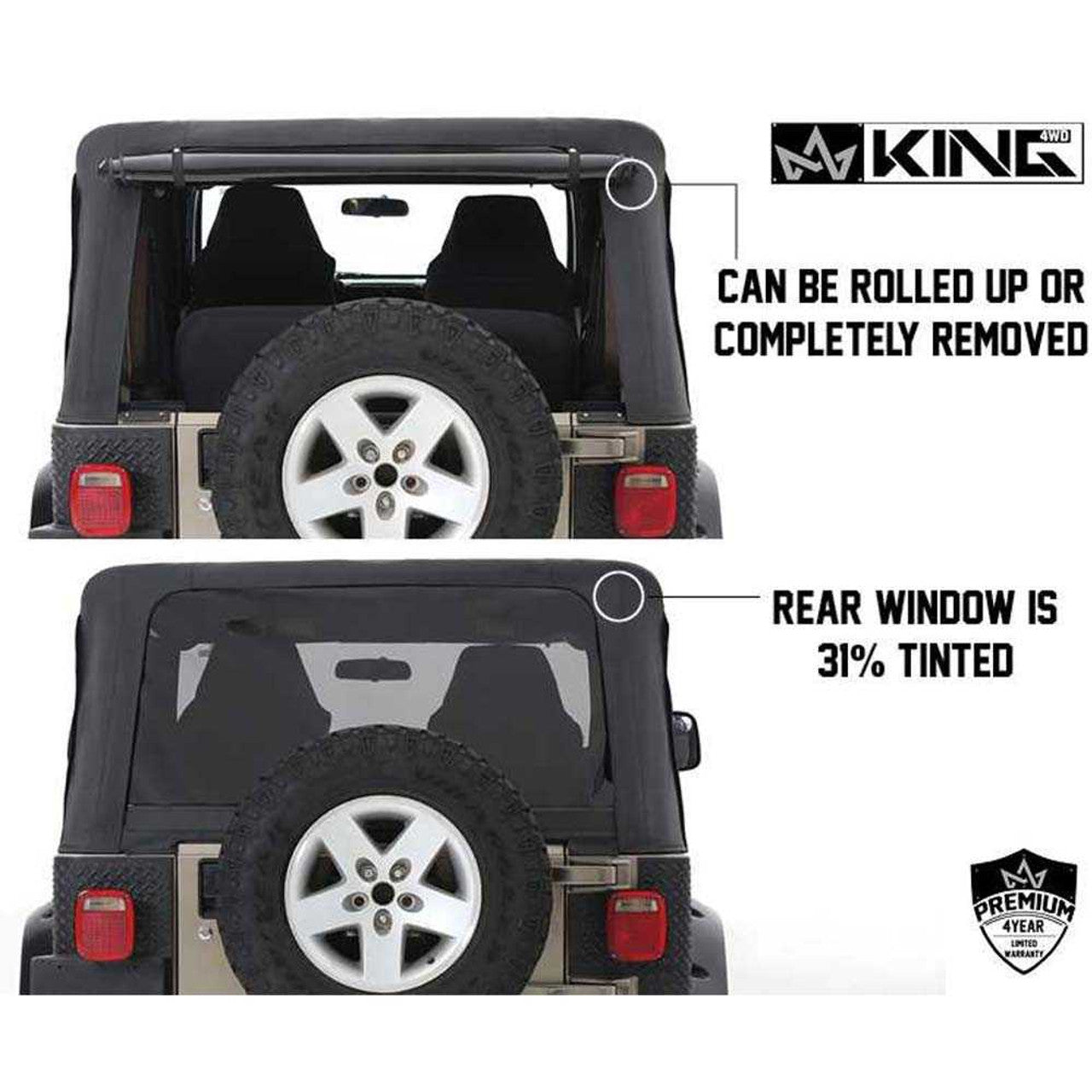 Premium Replacement Soft Top Without Upper Doors, Black Diamond With Tinted Windows - Jeep Wrangler TJ 1997-2006