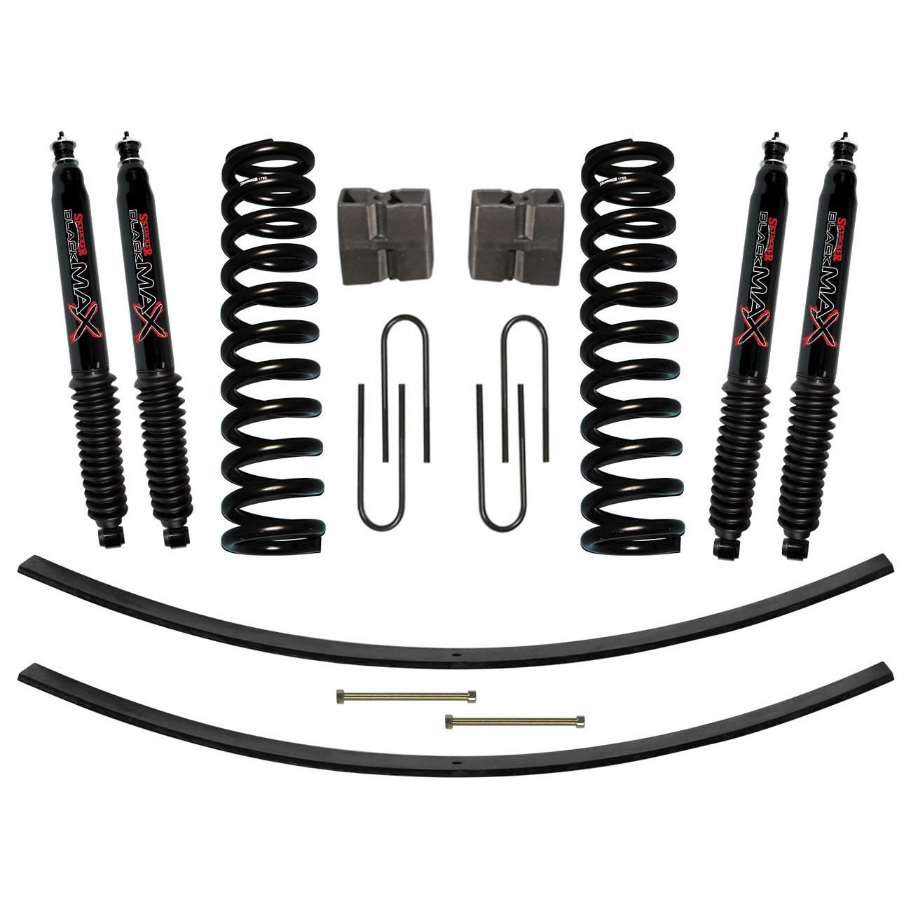 Suspension Lift Kit w/Shock Black MAX Shocks 9 Inch Lift Incl. Front Coil Springs Rear Add-A-Leafs Rear U Bolt Kit Rear Block Skyjacker