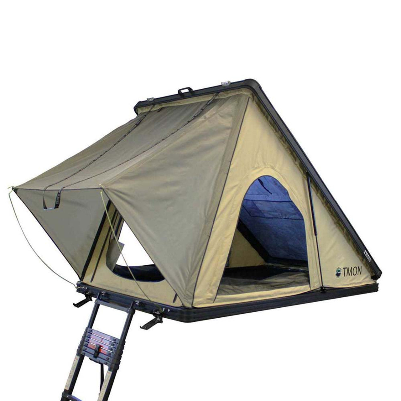 LD TMON Clamshell Aluminum Hard Shell Roof Top Tent - 2 Person Capacity, Tan Body & Green Rainfly