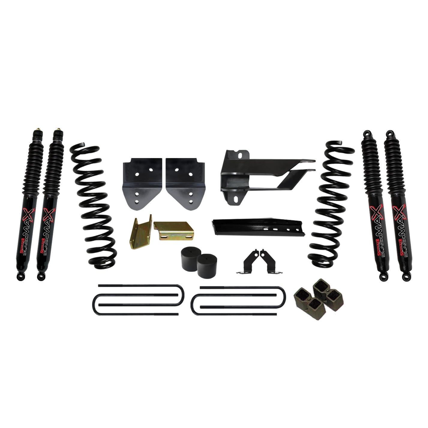 Lift Kit 4 Inch Lift 17-19 Ford F-250 Super Duty Includes Front Coil Springs Bump Stop Spacers Relocation Brackets Rear Lift Blocks U-Bolts Black Max 8500 Shocks Skyjacker