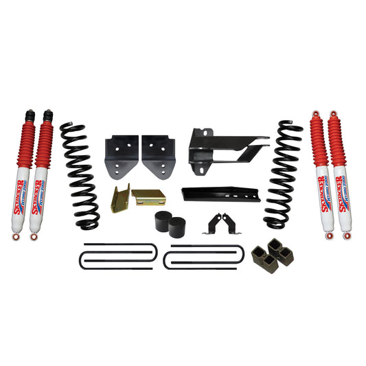 Lift Kit 4 Inch Lift 17-19 Ford F-250 Super Duty Includes Front Coil Springs Bump Stop Spacers Relocation Brackets Rear Lift Blocks U-Bolts Hydro 7000 Shocks Skyjacker