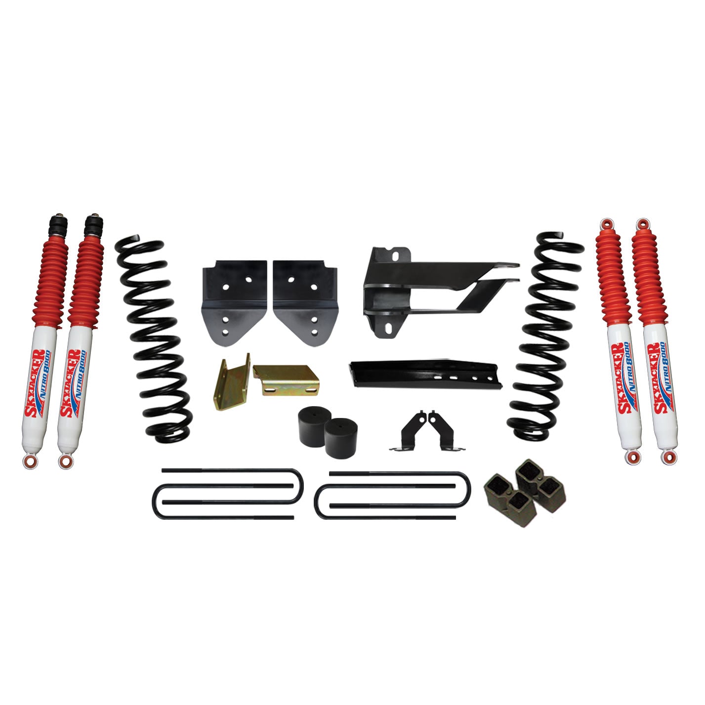 Lift Kit 4 Inch Lift 17-19 Ford F-250 Super Duty Includes Front Coil Springs Bump Stop Spacers Relocation Brackets Rear Lift Blocks U-Bolts Nitro 8000 Shocks Skyjacker