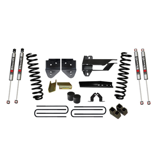 Lift Kit 4 Inch Lift 17-19 Ford F-350 Super Duty Includes Front Coil Springs Bump Stop Spacers Relocation Bracket Lift Blocks U-Bolts Brake Line Extension Bracket M9500 Monotube Shock Skyjacker