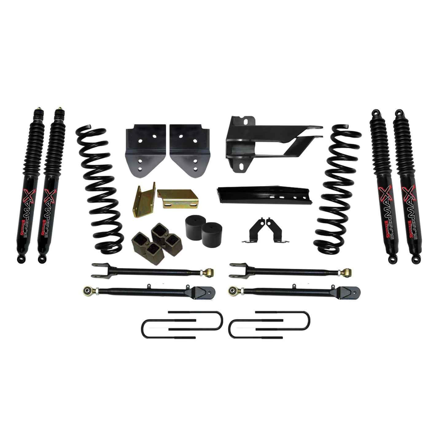 Lift Kit 4 Inch Lift w/Adjustable 4-Links 17-19 Ford F-250 Super Duty Includes Front Coil Springs U-Bolts Bump Stop Spacers Radius Arms Lowering Brackets Black Max Nitro 8500 Shocks Skyjacker