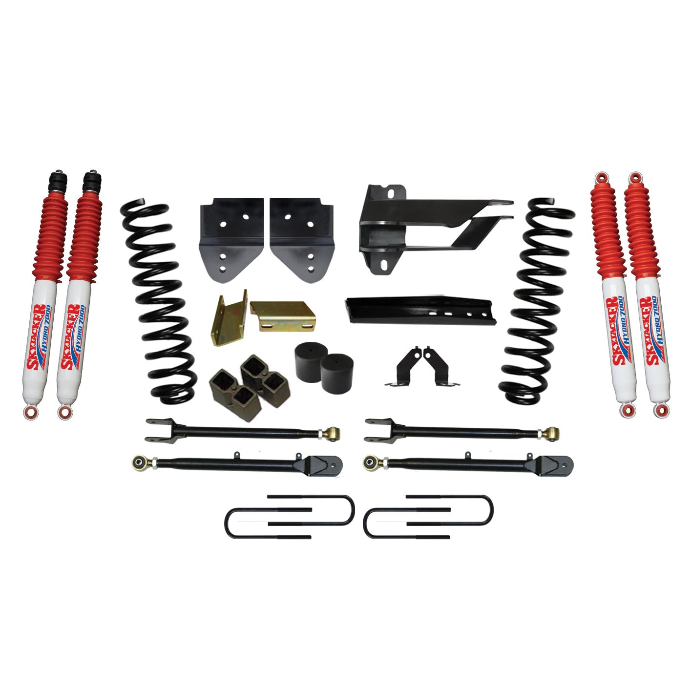 Lift Kit 4 Inch Lift w/Adjustable 4-Links 17-19 Ford F-250 Super Duty Includes Front Coil Springs U-Bolts Bump Stop Spacers Upper/Lower Radius Arms Lowering Brackets Hydro 7000 Shocks Skyjacker