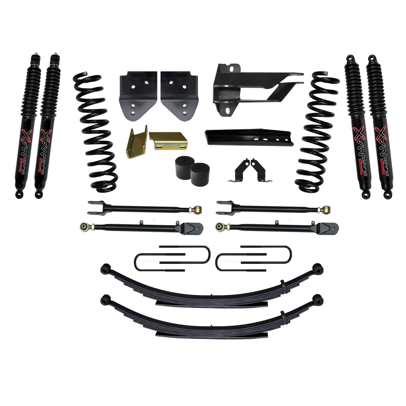 Suspension Lift Kit w/Shock 4 Inch Lift Incl. Front Coil Springs Rear Leaf Springs Adjustable 4-Links Black MAX 8500 Shocks 17-19 Ford F-250/ F-350 Super Duty Gas Skyjacker