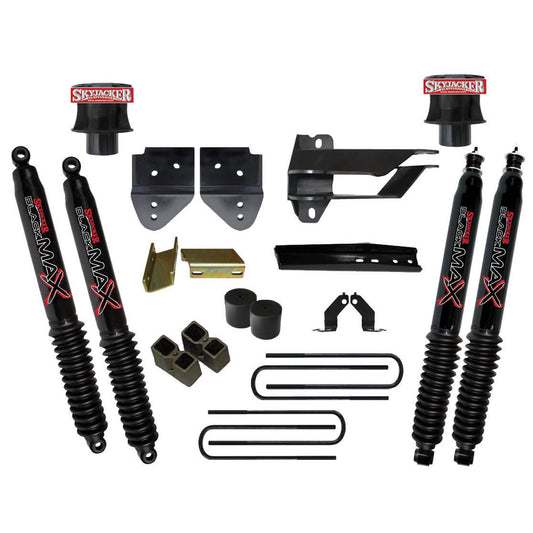 Lift Kit 4 Inch Lift 17-19 Ford F-250 Super Duty Includes Metal Front Coil Spring Spacer Front/Rear Black Max Shocks Track Bar/Radius Arm/Steering Stab. Relocation Brackets Rear Block/U-Bolts Skyjacker