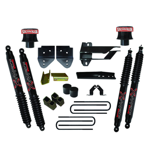 Lift Kit 4 Inch Lift 17-19 Ford F-350 Super Duty Includes Metal Front Coil Spring Spacer Front/Rear Black Max Shocks Track Bar/Radius Arm/Steering Stab. Relocation Brackets Rear Block/U-Bolts Skyjacker