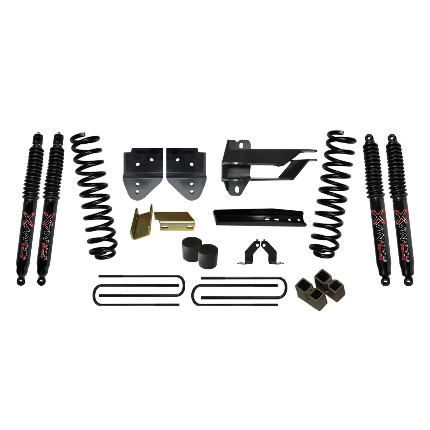 Suspension Lift Kit w/Shock 4 Inch Lift 17-19 Ford F-250 Super Duty Incl. Front Coil Springs Bump Stop Spacers Relocation Brackets Rear Lift Blocks U-Bolts Black Max 8500 Shocks Skyjacker