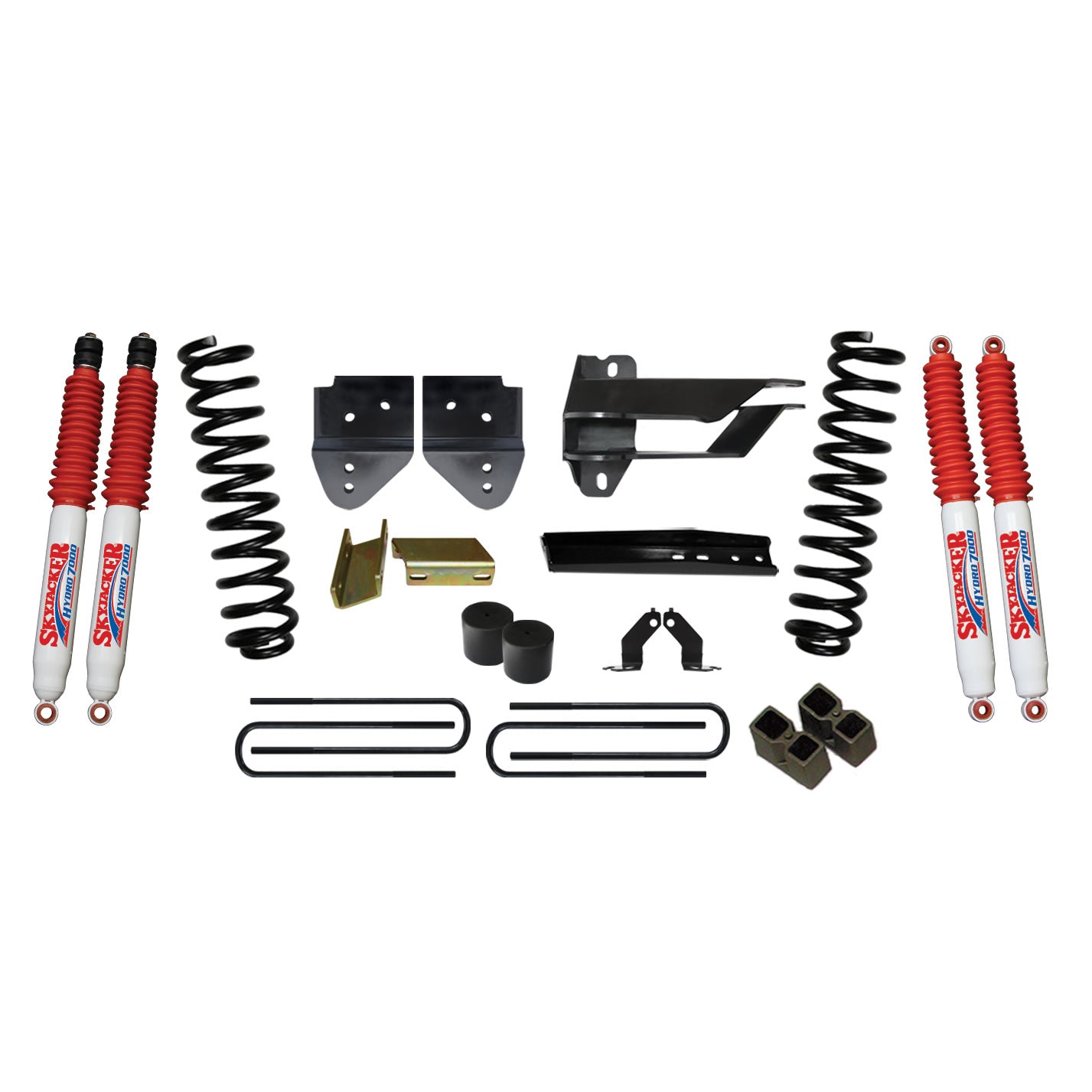 Suspension Lift Kit w/Shock 4 Inch Lift 17-19 Ford F-250 Super Duty Incl. Front Coil Springs Bump Stop Spacers Relocation Brackets Rear Lift Blocks U-Bolts Hydro 7000 Shocks Skyjacker