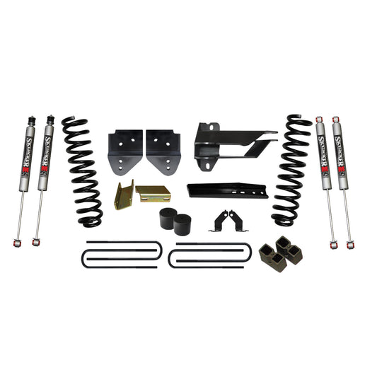 Suspension Lift Kit w/Shock 4 Inch Lift 17-19 Ford F-250 Super Duty Incl. Front Coil Springs Bump Stop Spacers Relocation Brackets Rear Lift Blocks U-Bolts M9500 Monotube Shocks Skyjacker