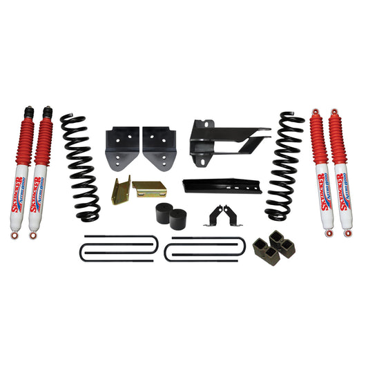 Suspension Lift Kit w/Shock 4 Inch Lift 17-19 Ford F-250 Super Duty Incl. Front Coil Springs Bump Stop Spacers Relocation Brackets Rear Lift Blocks U-Bolts Nitro 8000 Shocks Skyjacker