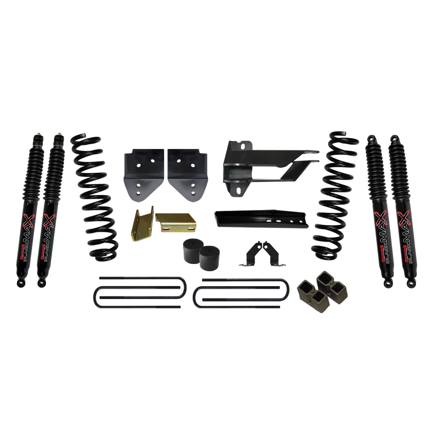 Suspension Lift Kit w/Shock 4 Inch Lift 17-19 Ford F-350 Super Duty Incl. Front Coil Springs Bump Stop Spacers Relocation Brackets Rear Lift Blocks U-Bolts Black Max 8500 Shocks Skyjacker