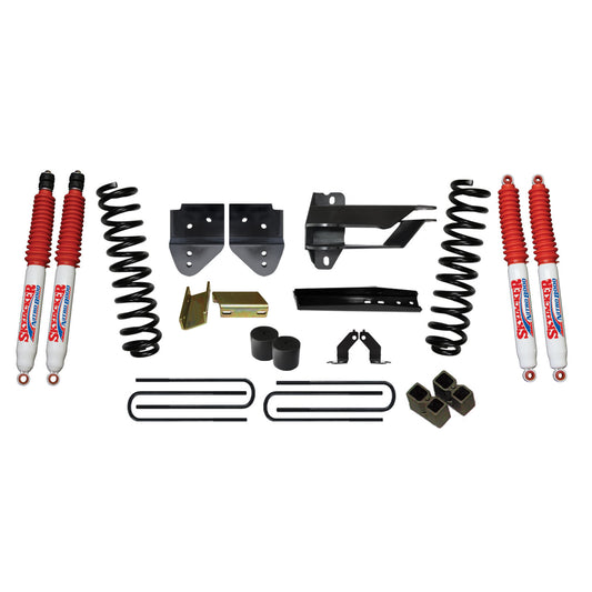 Suspension Lift Kit w/Shock 4 Inch Lift 17-19 Ford F-350 Super Duty Incl. Front Coil Springs Bump Stop Spacer Relocation Brackets Rear Lift Block U-Bolts Brake Line Extension Bracket Nitro 8000 Shock Skyjacker