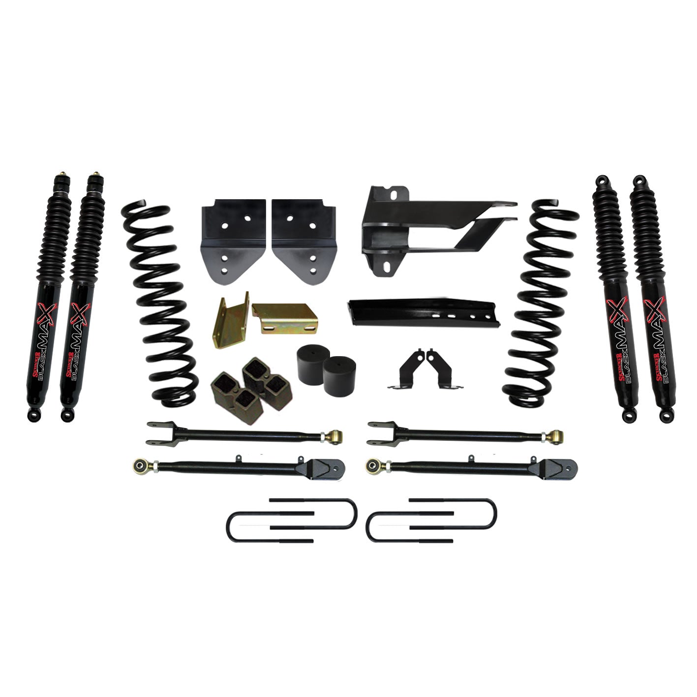 Suspension Lift Kit w/Shock 4 Inch Lift w/Adjustable 4-Links 17-19 Ford F-250 Super Duty Incl. Front Coil Springs U-Bolts Bump Stop Spacers Radius Arms Lowering Brackets Black Max Nitro 8500 Shocks Skyjacker