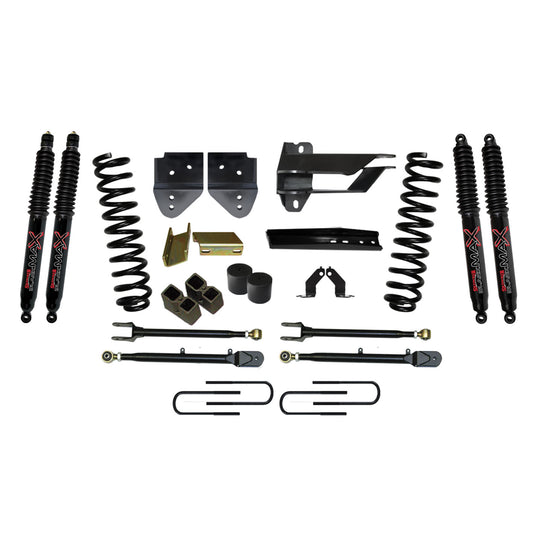 Suspension Lift Kit w/Shock 4 Inch Lift w/Adjustable 4-Links 17-19 Ford F-250 Super Duty Incl. Front Coil Springs U-Bolts Bump Stop Spacers Radius Arms Lowering Brackets Black Max Nitro 8500 Shocks Skyjacker