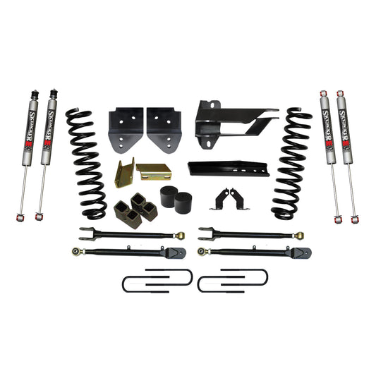 Suspension Lift Kit w/Shock 4 Inch Lift w/Adjustable 4-Links 17-19 Ford F-250 Super Duty Incl. Front Coil Springs Blocks U-Bolts Bump Stop Spacers Upper/Lower Radius Arms M9500 Monotube Shock Skyjacker