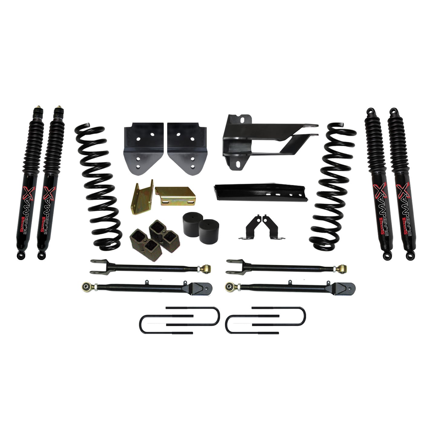 Suspension Lift Kit w/Shock 4 Inch Lift w/Adjustable 4-Links 17-19 Ford F-350 Super Duty Incl. Front Coil Springs U-Bolts Bump Stop Spacers Radius Arms Lowering Brackets Black Max Nitro 8500 Shocks Skyjacker