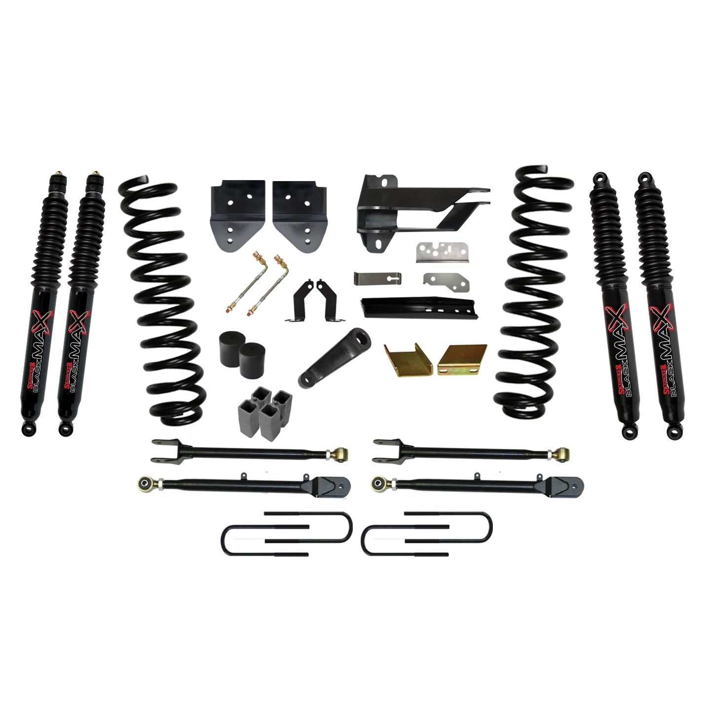 Lift Kit 6 Inch Lift w/Adjustable 4-Links 17-19 Ford F-250 Super Duty Includes Front Coil Springs U-Bolts Bump Stop Spacers Radius Arms Lowering Brackets Black Max Nitro 8500 Shocks Skyjacker