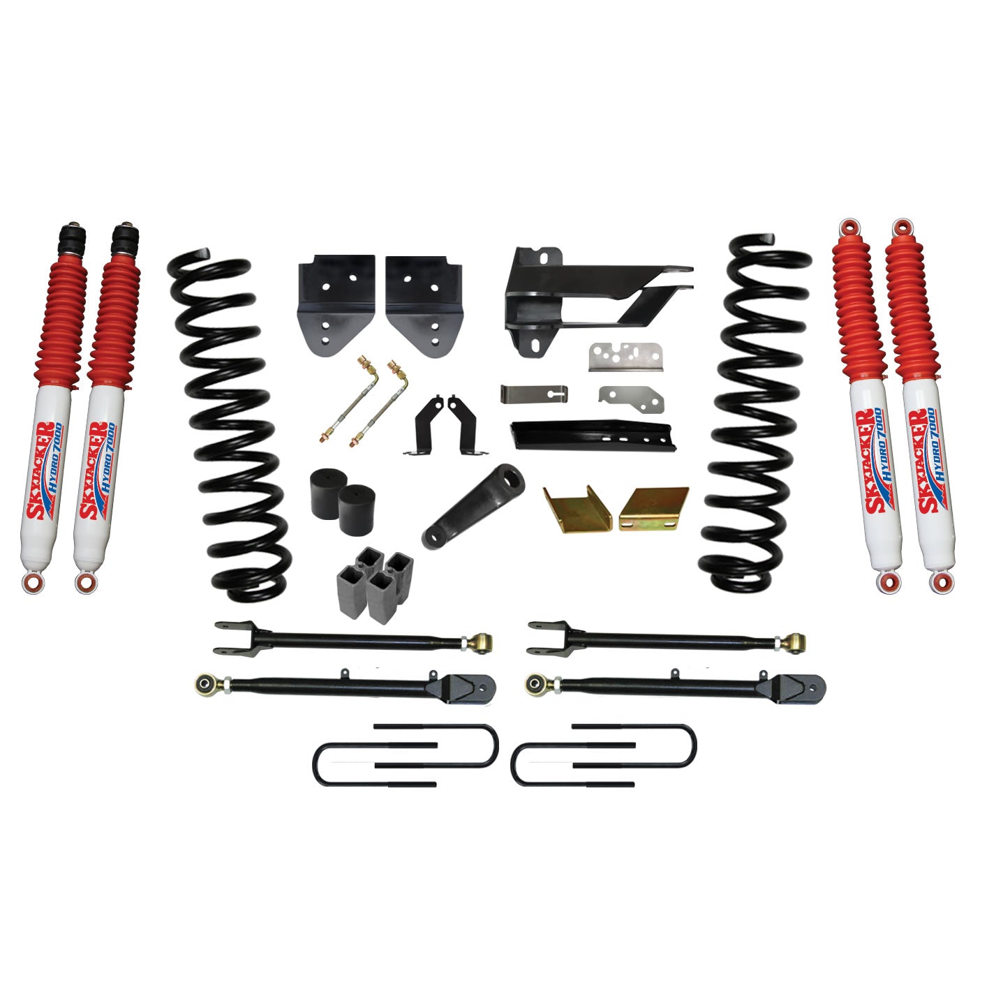 Lift Kit 6 Inch Lift w/Adjustable 4-Links 17-19 Ford F-250 Super Duty Includes Front Coil Springs U-Bolts Bump Stop Spacers Upper/Lower Radius Arms Lowering Brackets Hydro 7000 Shocks Skyjacker