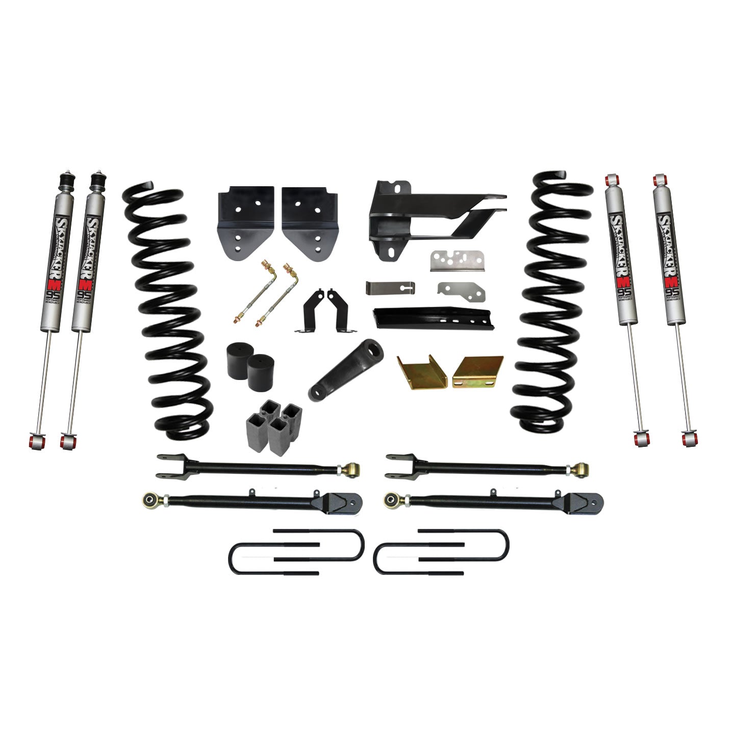 Lift Kit 6 Inch Lift w/Adjustable 4-Links 17-19 Ford F-250 Super Duty Includes Front Coil Springs U-Bolts Bump Stop Spacers Radius Arms Lowering Brackets M9500 Monotube Shocks Skyjacker