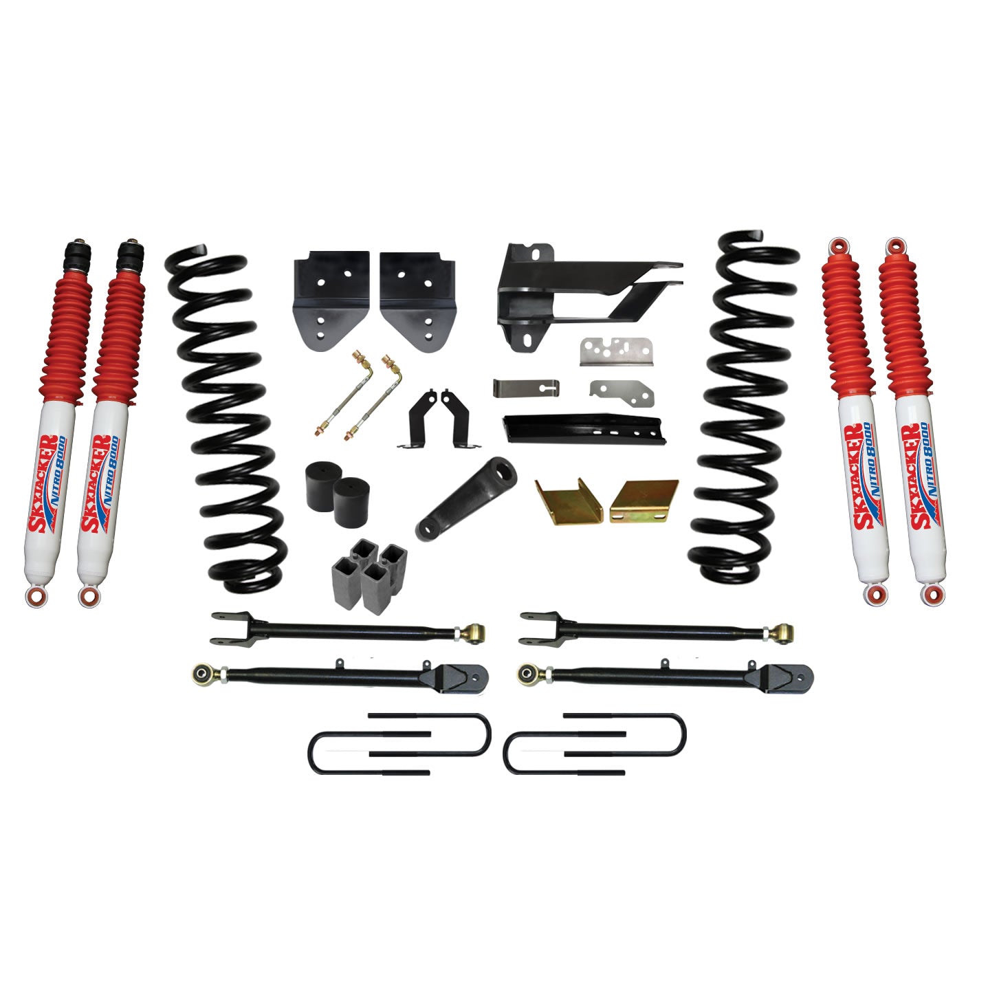 Lift Kit 6 Inch Lift w/Adjustable 4-Links 17-19 Ford F-250 Super Duty Includes Front Coil Springs U-Bolts Bump Stop Spacers Upper/Lower Radius Arms Lowering Brackets Nitro 8000 Shocks Skyjacker