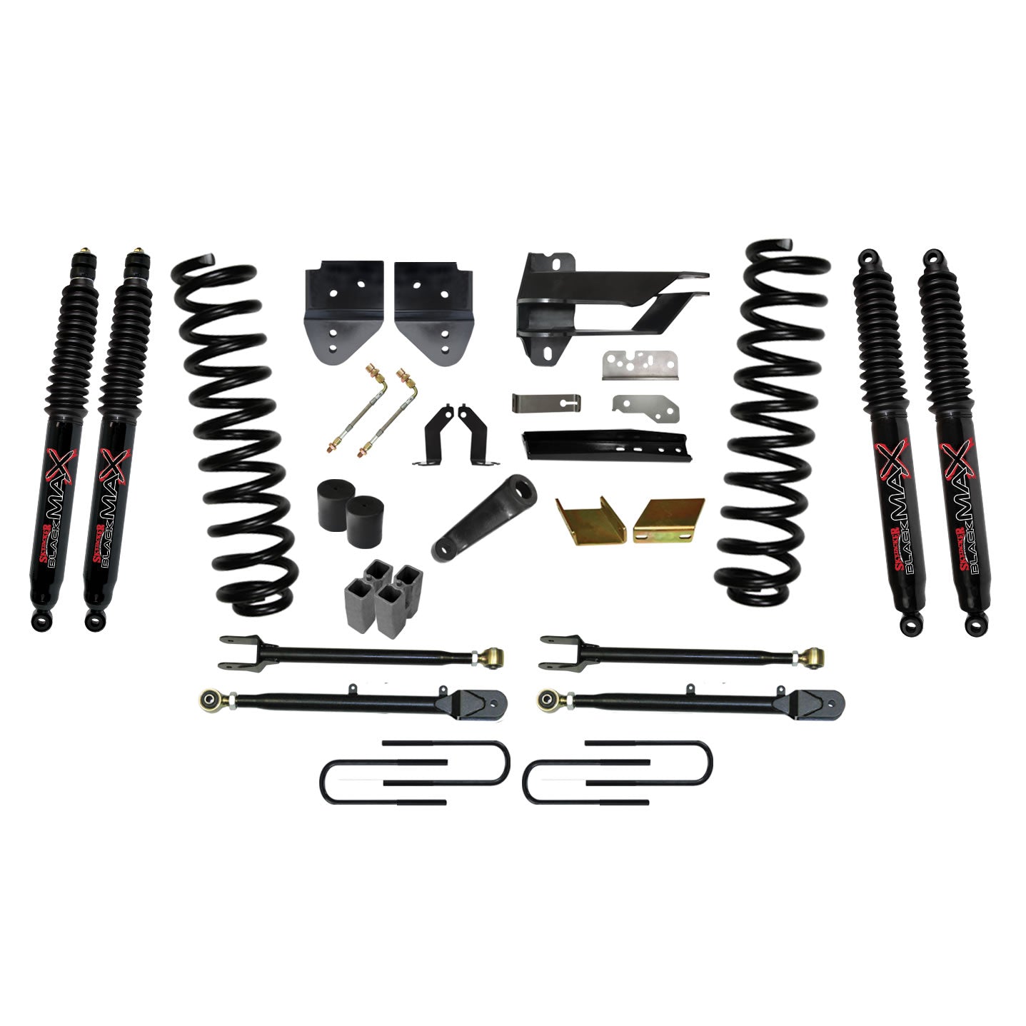 Lift Kit 6 Inch Lift w/Adjustable 4-Links 17-19 Ford F-350 Super Duty Includes Front Coil Springs U-Bolts Bump Stop Spacers Radius Arms Lowering Brackets Black Max 8500 Shocks Skyjacker