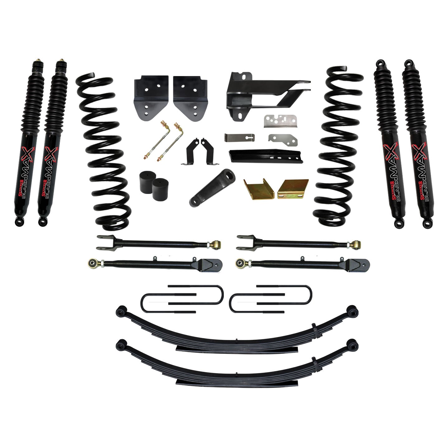 Suspension Lift Kit w/Shock 6 Inch Lift Incl. Front Coil Springs Rear Leaf Springs Adjustable 4-Links Black MAX 8500 Shocks 17-19 Ford F-250/ F-350 Super Duty Gas Skyjacker