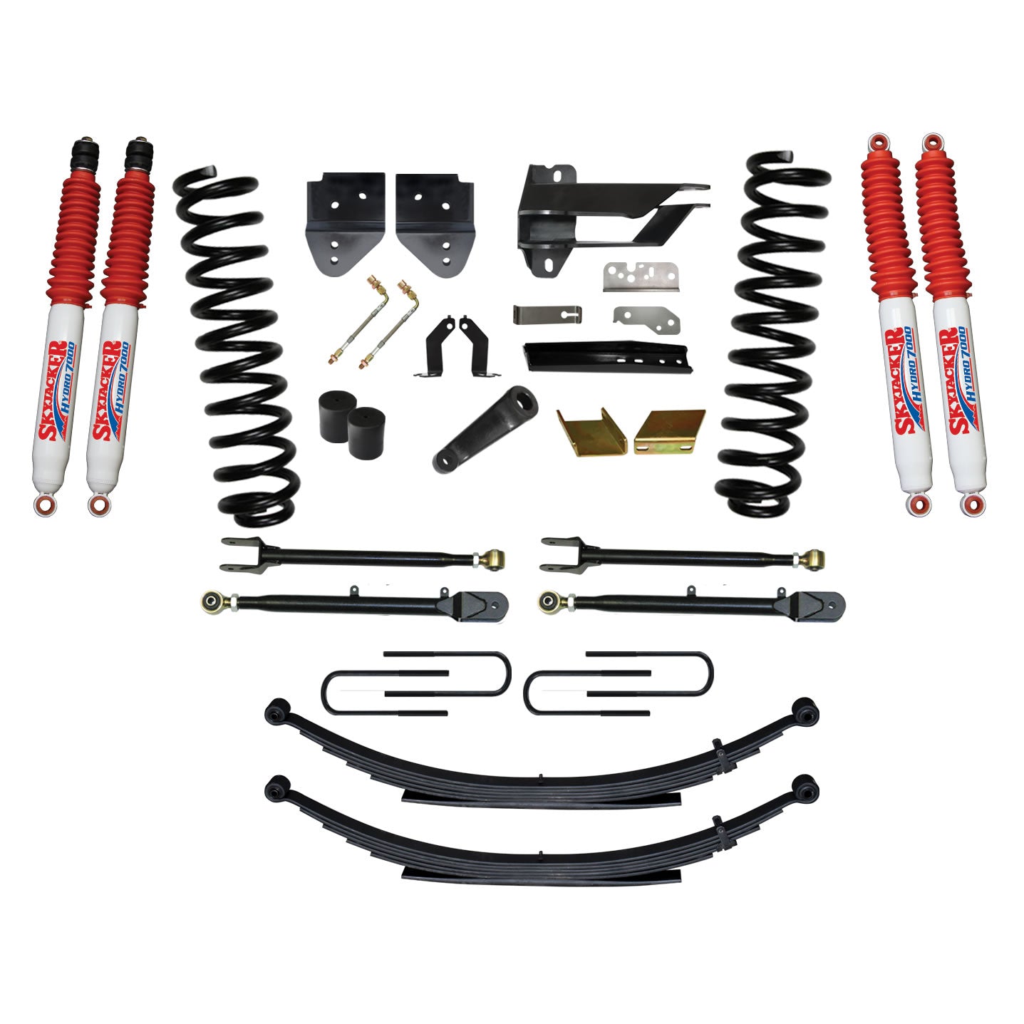 Suspension Lift Kit w/Shock 6 Inch Lift Incl. Front Coil Springs Rear Leaf Springs Adjustable 4-Links Hydro 7000 Shocks 17-19 Ford F-250/ F-350 Super Duty Gas Skyjacker