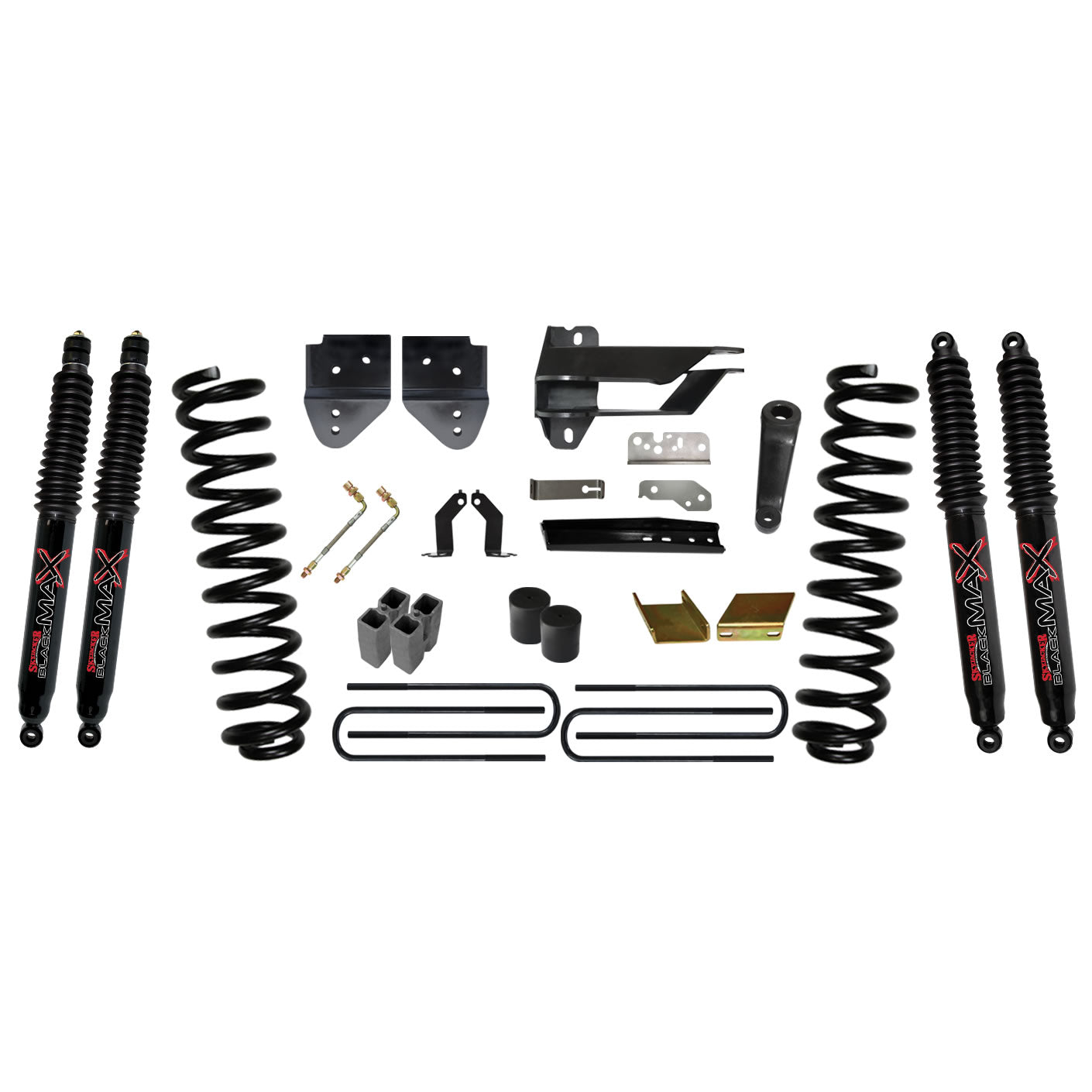 Suspension Lift Kit w/Shock 6 Inch Lift 17-19 Ford F-250 Super Duty Incl. Front Coil Springs Blocks U-bolts Bump Stop Spacers Radius Arm/Sway Bar/Track Bar Relocation Brackets Black Max Nitro Shocks Skyjacker