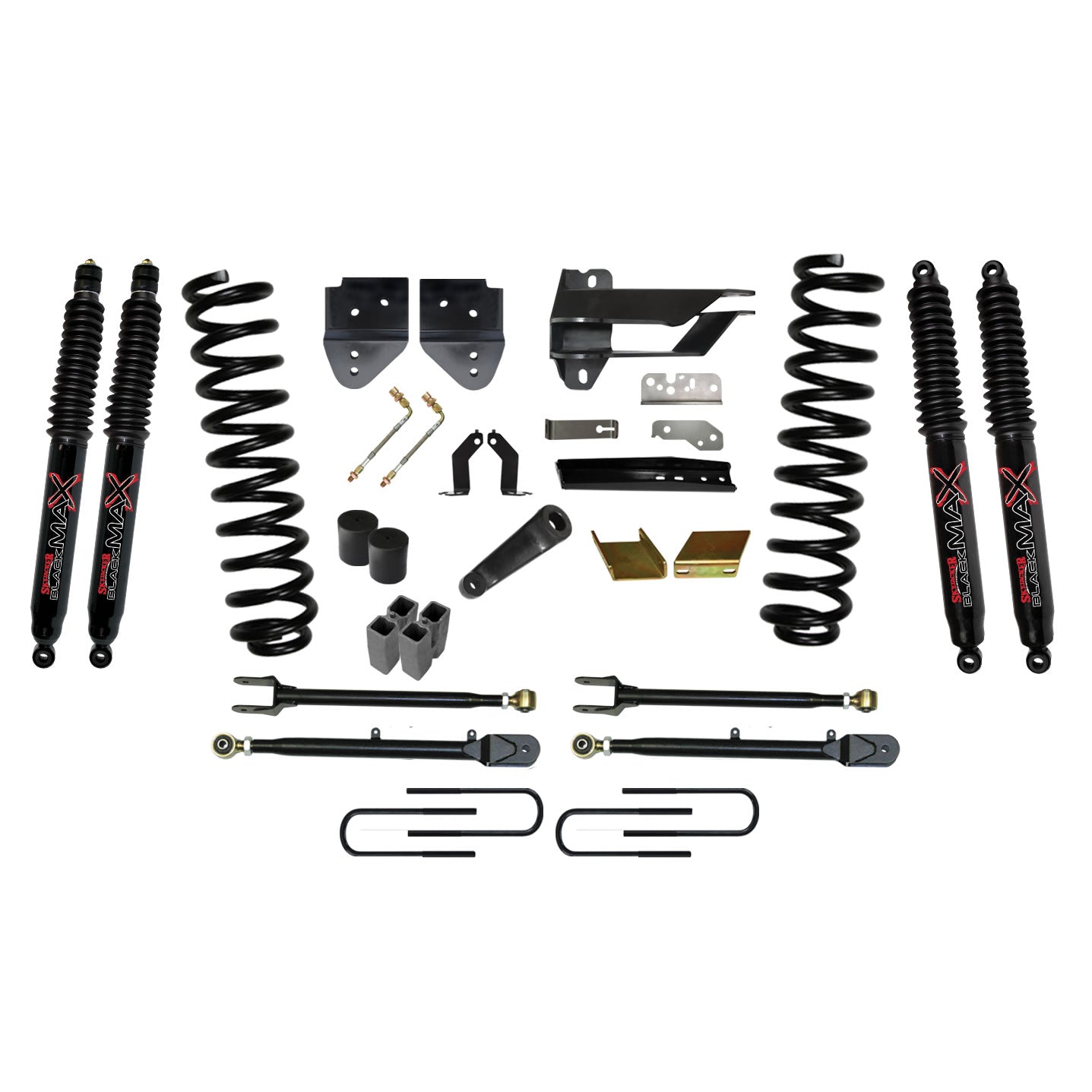 Suspension Lift Kit w/Shock 6 Inch Lift w/Adjustable 4-Links 17-19 Ford F-350 Super Duty Incl. Front Coil Springs U-Bolts Bump Stop Spacers Radius Arms Lowering Brackets Black Max 8500 Shocks Skyjacker