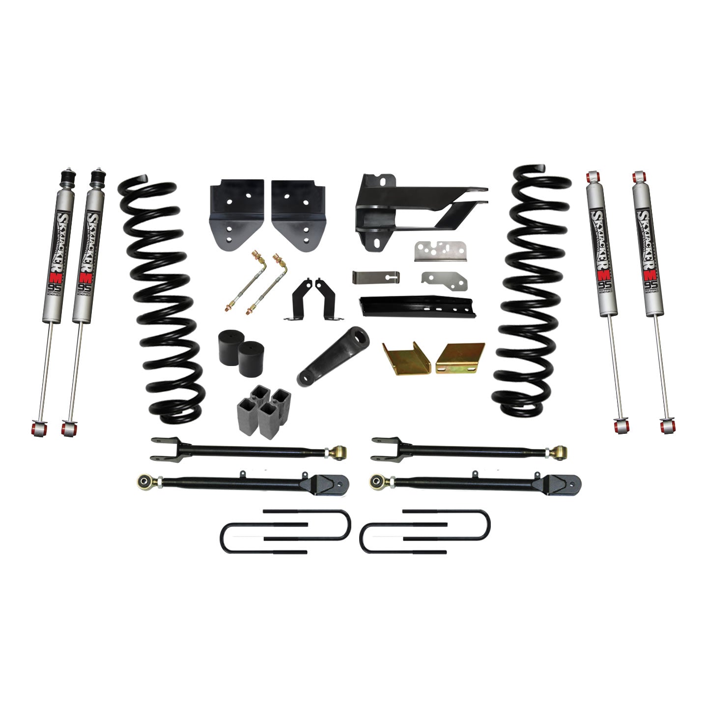 Suspension Lift Kit w/Shock 6 Inch Lift w/Adjustable 4-Links 17-19 Ford F-350 Super Duty Incl. Front Coil Springs U-Bolts Bump Stop Spacers Radius Arms Lowering Brackets M9500 Monotube Shocks Skyjacker