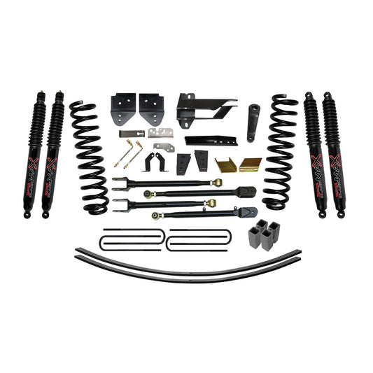 Lift Kit 8.5 Inch Lift w/Adjustable 4-Links Includes Front Coil Springs U-Bolts Bump Stop Spacers Radius Arms Lowering Brackets Black Max 8500 Shocks 17-19 Ford F-250/ F-350 Super Duty Gas Skyjacker