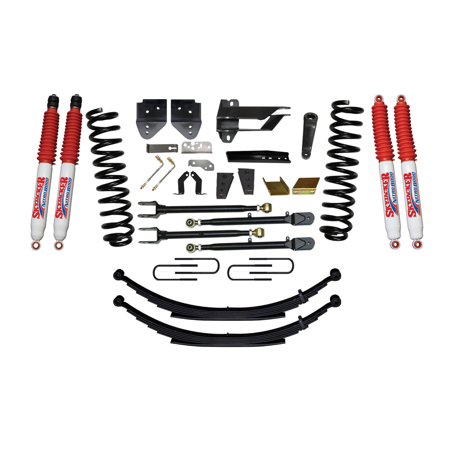 Suspension Lift Kit w/Shock 8.5 Inch Lift Incl. Front Coil Springs Rear Leaf Springs Adjustable 4-Links Nitro 8000 Shocks 17-19 Ford F-250/ F-350 Super Duty Gas Skyjacker