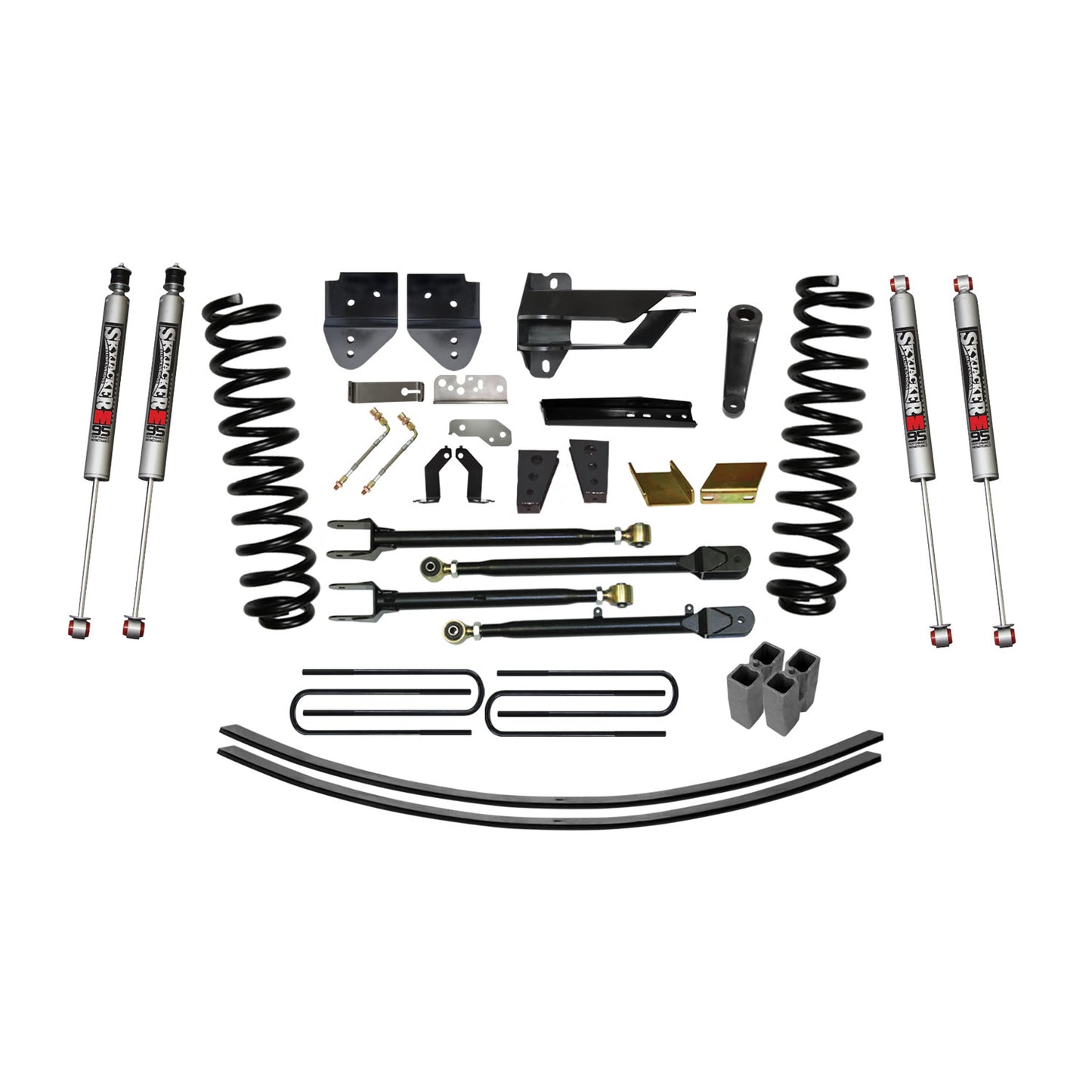 Suspension Lift Kit w/Shock 8.5 Inch Lift w/Adjustable 4-Links Incl. Front Coil Springs U-Bolts Bump Stop Spacers Radius Arms Lowering Brackets M9500 Monotube Shocks 17-19 Ford F-250/ F-350 Super Duty Skyjacker