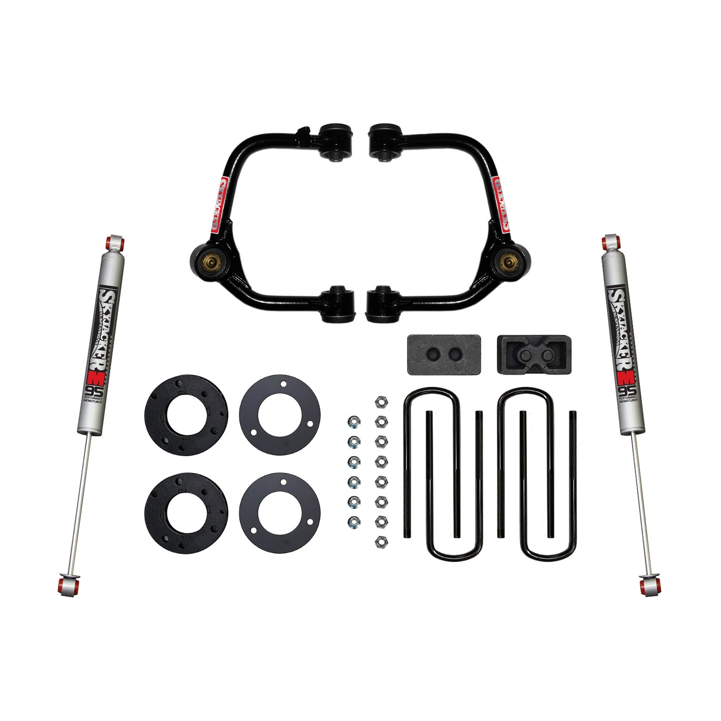 3 Inch Suspension Lift Kit With Front Strut Spacers Front Upper A-arms Rear Blocks Rear U-bolts and Rear M95 Monotube Shocks 2021 Ford F-150 Skyjacker