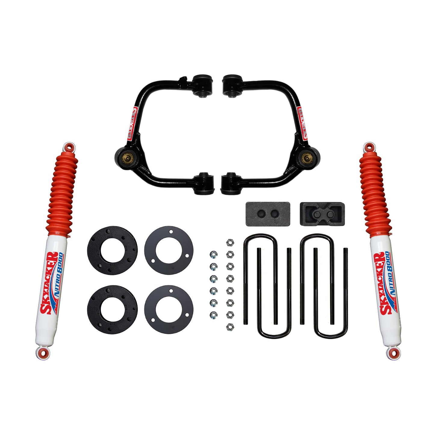 3 Inch Suspension Lift Kit With Front Strut Spacers Front Upper A-arms Rear Blocks Rear U-bolts and Rear Nitro 8000 Shocks 2021 Ford F-150 Skyjacker