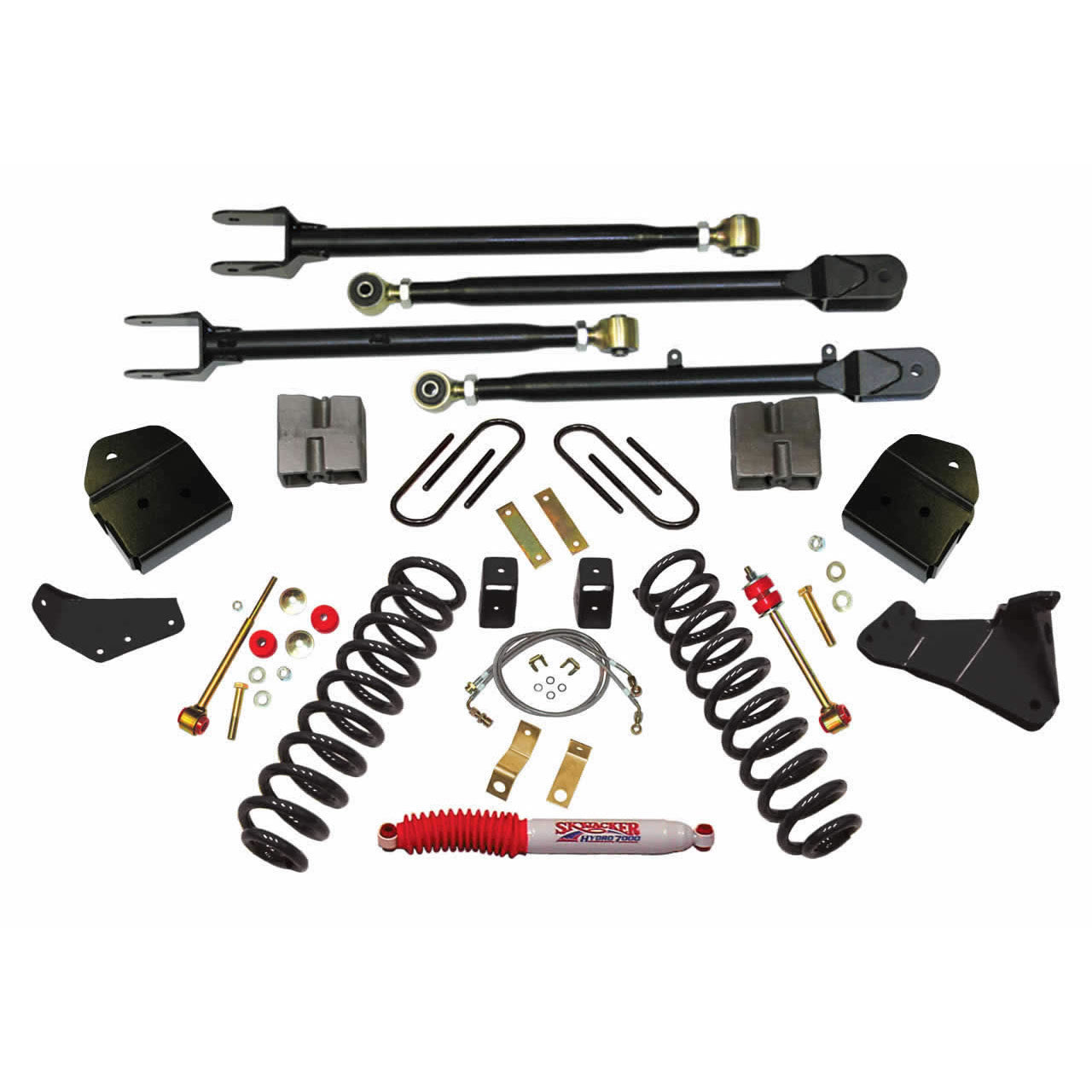 Lift Kit 4 Inch Lift 4-Link Conversion 05-07 Ford F-250 Super Duty Includes Front Variable Coil Springs Track Bar Radius Arm Drop Bracket Single Steering Stabilizer Skyjacker