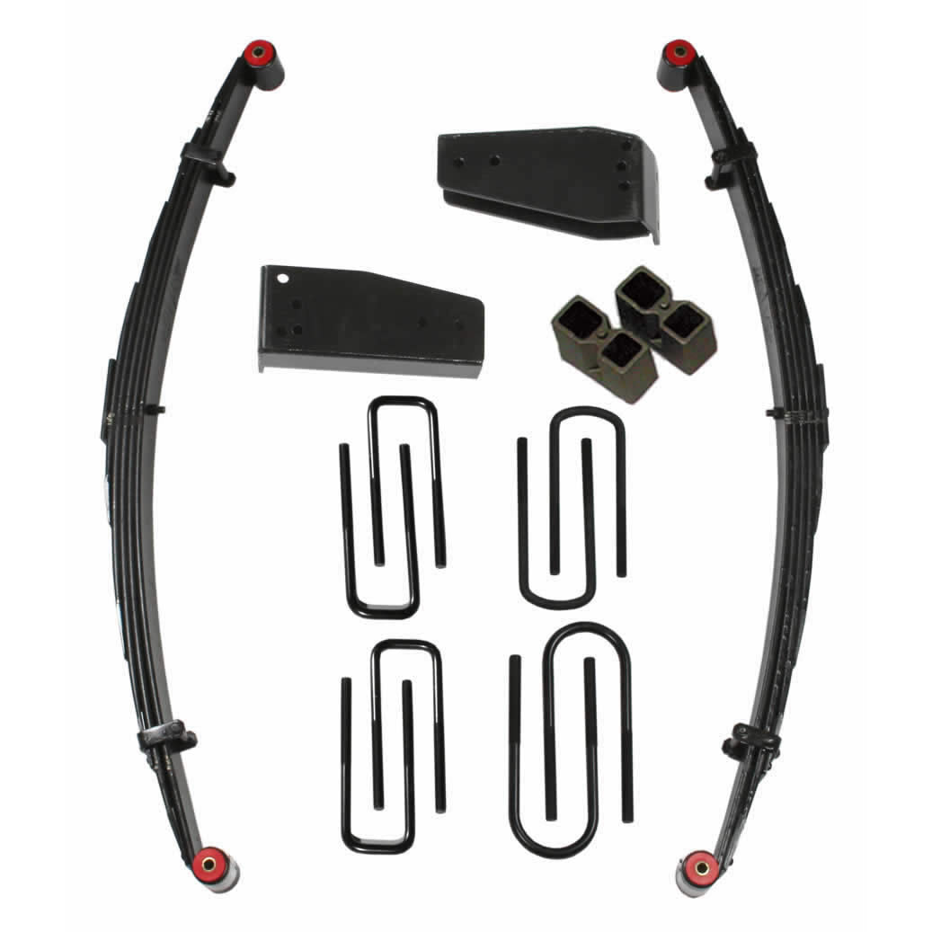 Lift Kit 4 Inch Lift 80-98 Ford F-250 80-85 Ford F-350 Includes Front Leaf Springs Hinge Brackets Front/Rear U Bolt Kits Spring Bushing Kit Rear Block Skyjacker