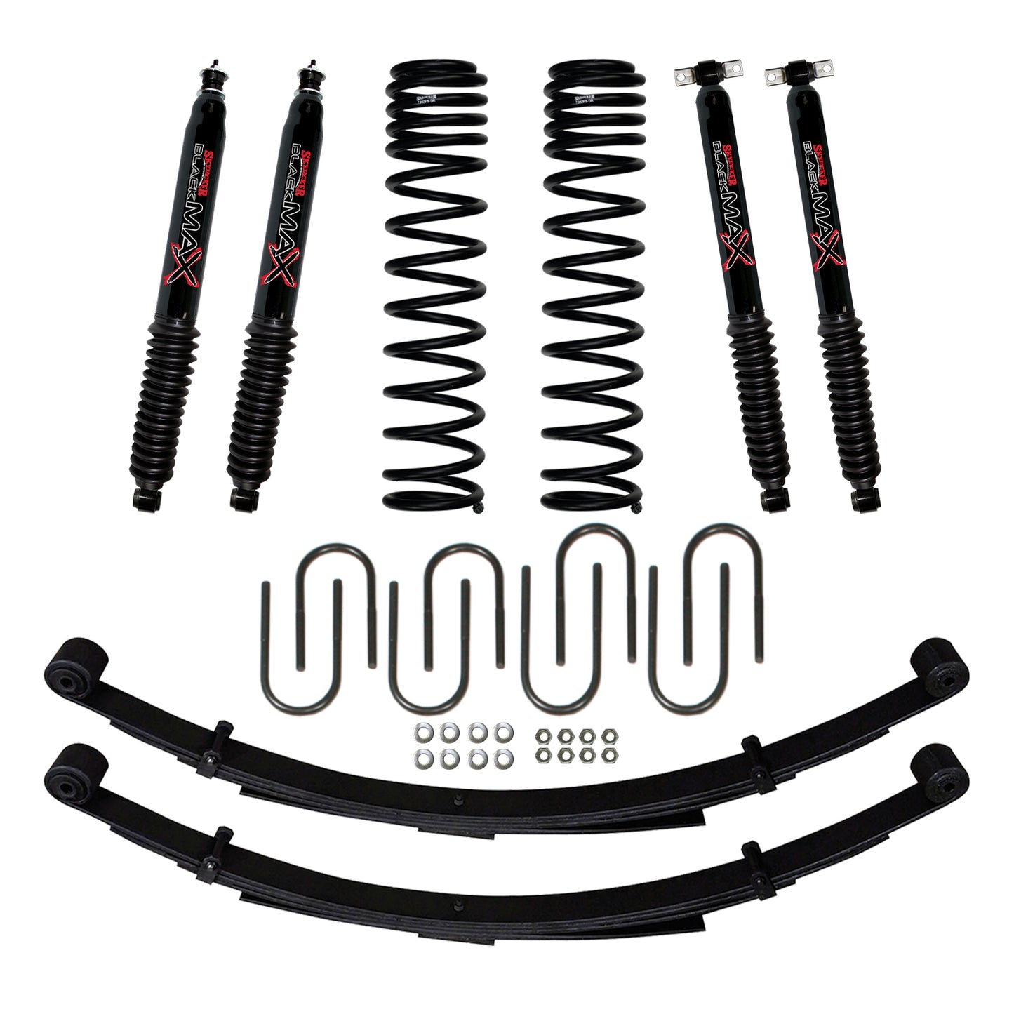 3 Inch Suspension Lift System 84-01 Cherokee XJ W/Front Dual Rate Long Travel Coil Springs Rear U-bolts Rear Leaf Springs Front/Rear Black Max Shocks Skyjacker