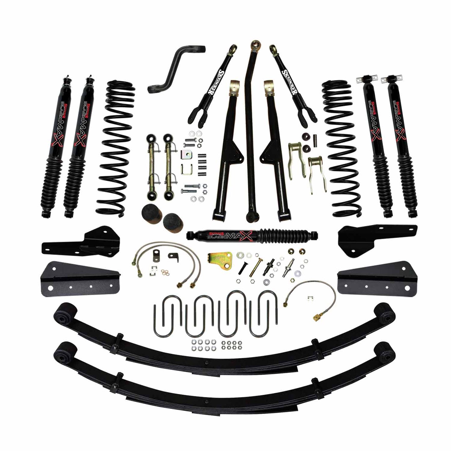 4.5 In Lift 84-01 Cherokee XJ W/Front DR/LT Coil Springs Pitman Arm Bump Stop Spacers Lower and Upper Adjust Control Arms Front Sway Bar End Links Adjust Track Bar Brakelines Shackles U-bolts Rear Leaf Springs Black Max Shocks Skyjacker