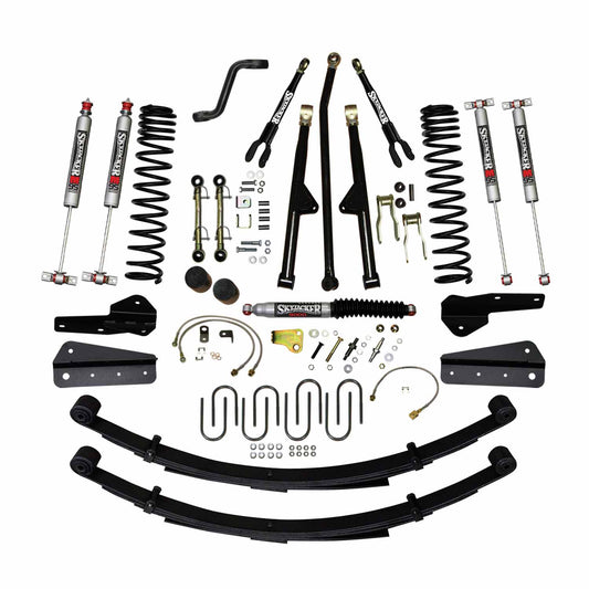 4.5 In Lift 84-01 Cherokee XJ W/Front DR/LT Coil Springs Pitman Arm Frt Bump Stop Spacers Lower and Upper Adjust Control Arms Front Sway Bar End Links Adjust Track Bar Brakelines Shackles U-bolts Rear Leaf Springs M95 Mono Shocks Skyjacker