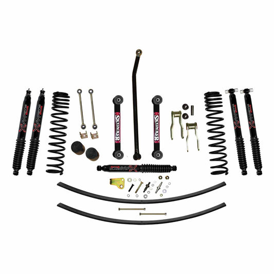 4.5 Inch Suspension Lift Kit 84-01 Cherokee XJ W/Front Dual Rate Long Travel Coil Springs Bump Stop Spacers Front Lower Control Arms Front Sway Bar End Links Front Adjust Track Bar Rear Shackles Rear Add A Leafs Front/Rear Black Max Shocks