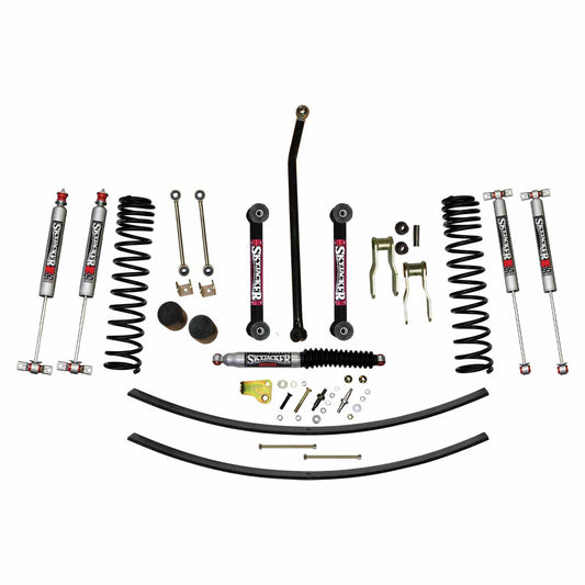 4.5 Inch Suspension Lift Kit 84-01 Cherokee XJ W/Front Dual Rate Long Travel Coil Springs Front Bump Stop Spacers Front Lower Control Arms Front Sway Bar End Links Front Adjust Track Bar Rear Shackles Rear Add A Leafs Front/Rear M95 Mono Shocks Skyjacker