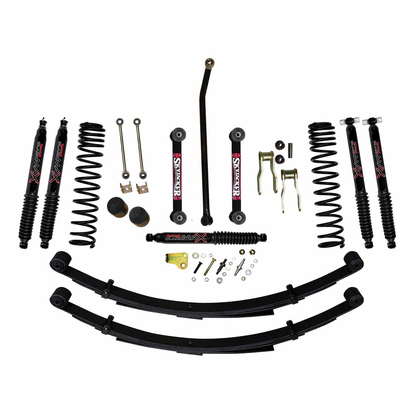 4.5 Inch Suspension Lift Sys 84-01 Cherokee XJ W/Front Dual Rate Long Travel Coil Springs Front Bump Stop Spacers Front Lower Control Arms Front Sway Bar End Links Frt Adjust Track Bar Rear Shackles Rear Leaf Springs Front/Rear Black Max Shocks Skyjacker