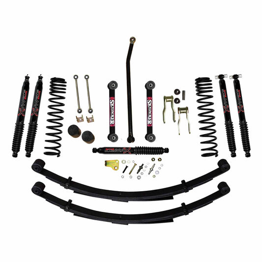 4.5 Inch Suspension Lift Sys 84-01 Cherokee XJ W/Front Dual Rate Long Travel Coil Springs Front Bump Stop Spacers Front Lower Control Arms Front Sway Bar End Links Frt Adjust Track Bar Rear Shackles Rear Leaf Springs Front/Rear Black Max Shocks Skyjacker