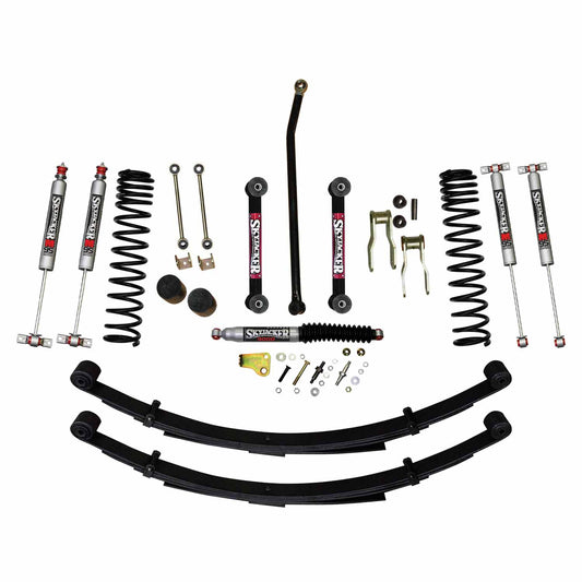 4.5 Inch Suspension Lift Sys 84-01 Cherokee XJ W/Front Dual Rate Long Travel Coil Springs Front Bump Stop Spacers Front Lower Control Arms Front Sway Bar End Links Front Adjust Track Bar Rear Shackles Rear Leaf Springs Front/Rear M95 Mono Shocks Skyjacker