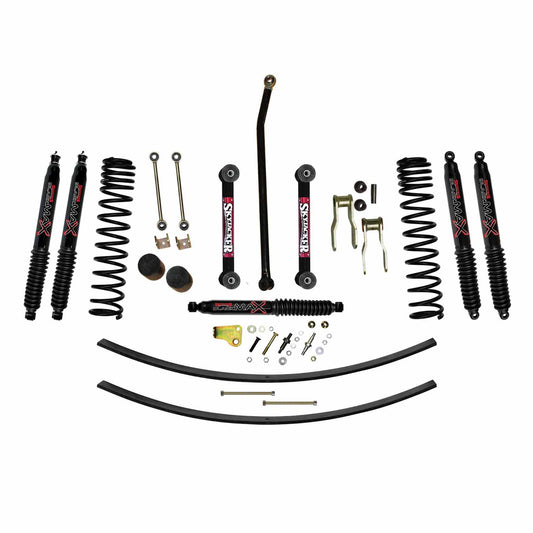 4.5 Inch Suspension Lift Kit 86-92 Comanche MJ W/Front Dual Rate Long Travel Coil Springs Front Bump Stop Spacers Front Lower Control Arms Front Sway Bar End Links Front Adjust Track Bar Rear Shackles Rear Add A Leafs Front/Rear Black Max Shocks Skyjacker