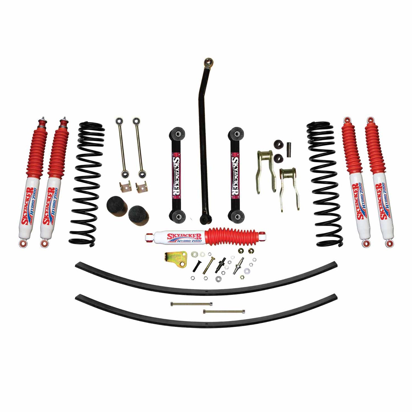 4.5 Inch Suspension Lift Kit 86-92 Comanche MJ W/Front Dual Rate Long Travel Coil Springs Front Bump Stop Spacers Front Lower Control Arms Front Sway Bar End Links Frt Adjust Track Bar Rear Shackles Rear Add A Leafs Front/Rear Hydro 7000 Shocks Skyjacker