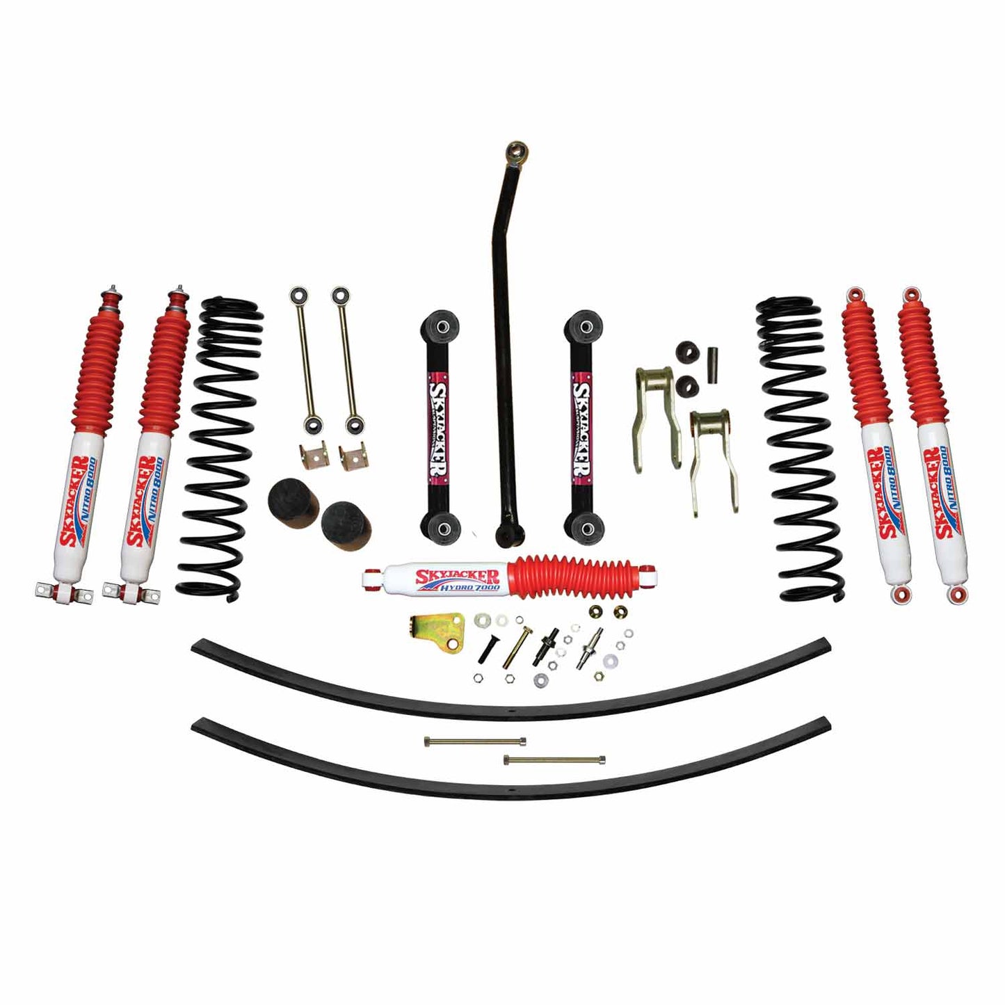 4.5 Inch Suspension Lift Kit 86-92 Comanche MJ W/Front Dual Rate Long Travel Coil Springs Front Bump Stop Spacers Front Lower Control Arms Front Sway Bar End Links Frt Adjust Track Bar Rear Shackles Rear Add A Leafs Front/Rear Nitro 8000 Shocks Skyjacker